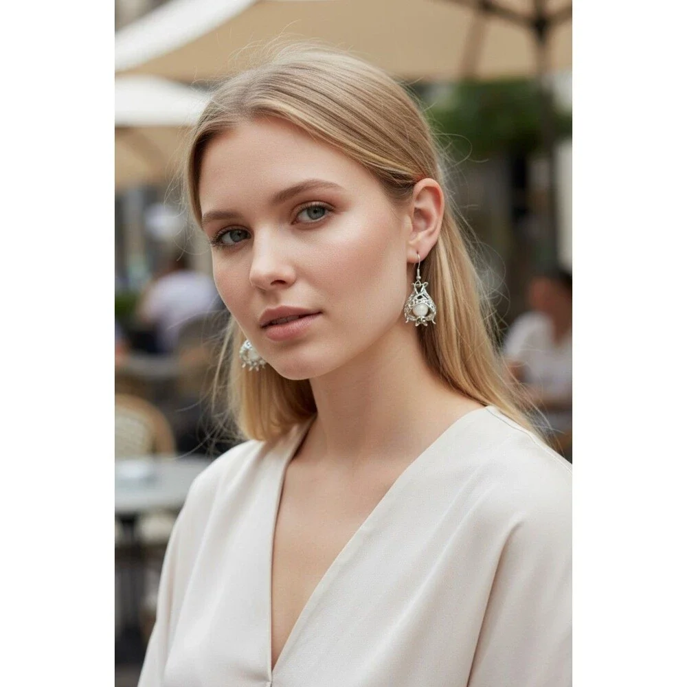 Silver Tone Filigree Dangle Earrings White Stone Boho Vintage Style Drop Earring